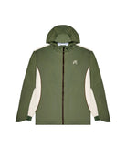 Green jacket with white sleeves on a light gray background