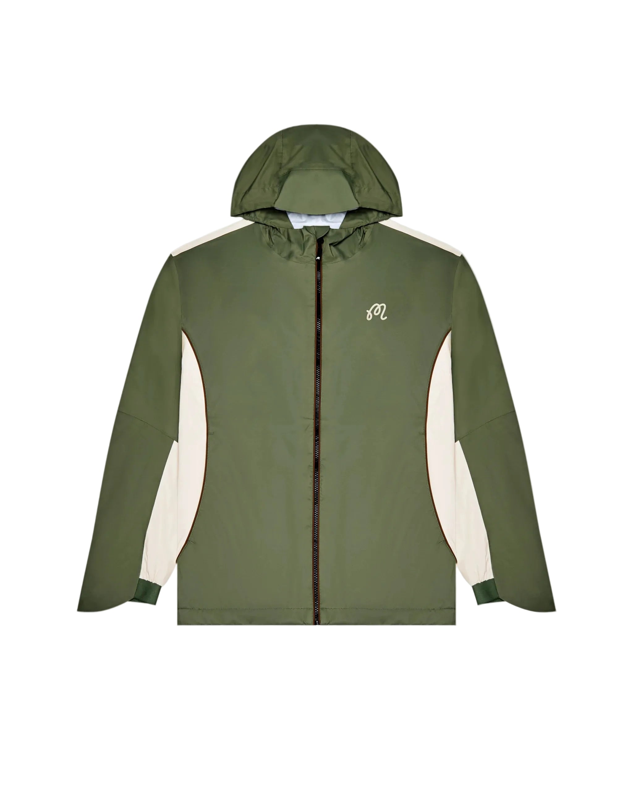 Green jacket with white sleeves on a light gray background