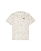 Beige patterned polo shirt with a logo on a white background