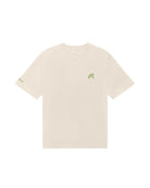 Beige t-shirt with green logo on a white background