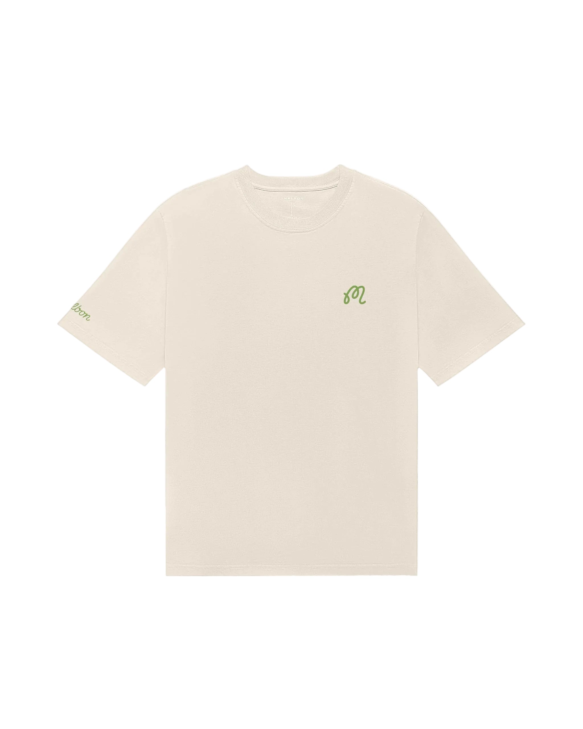 Beige t-shirt with green logo on a white background