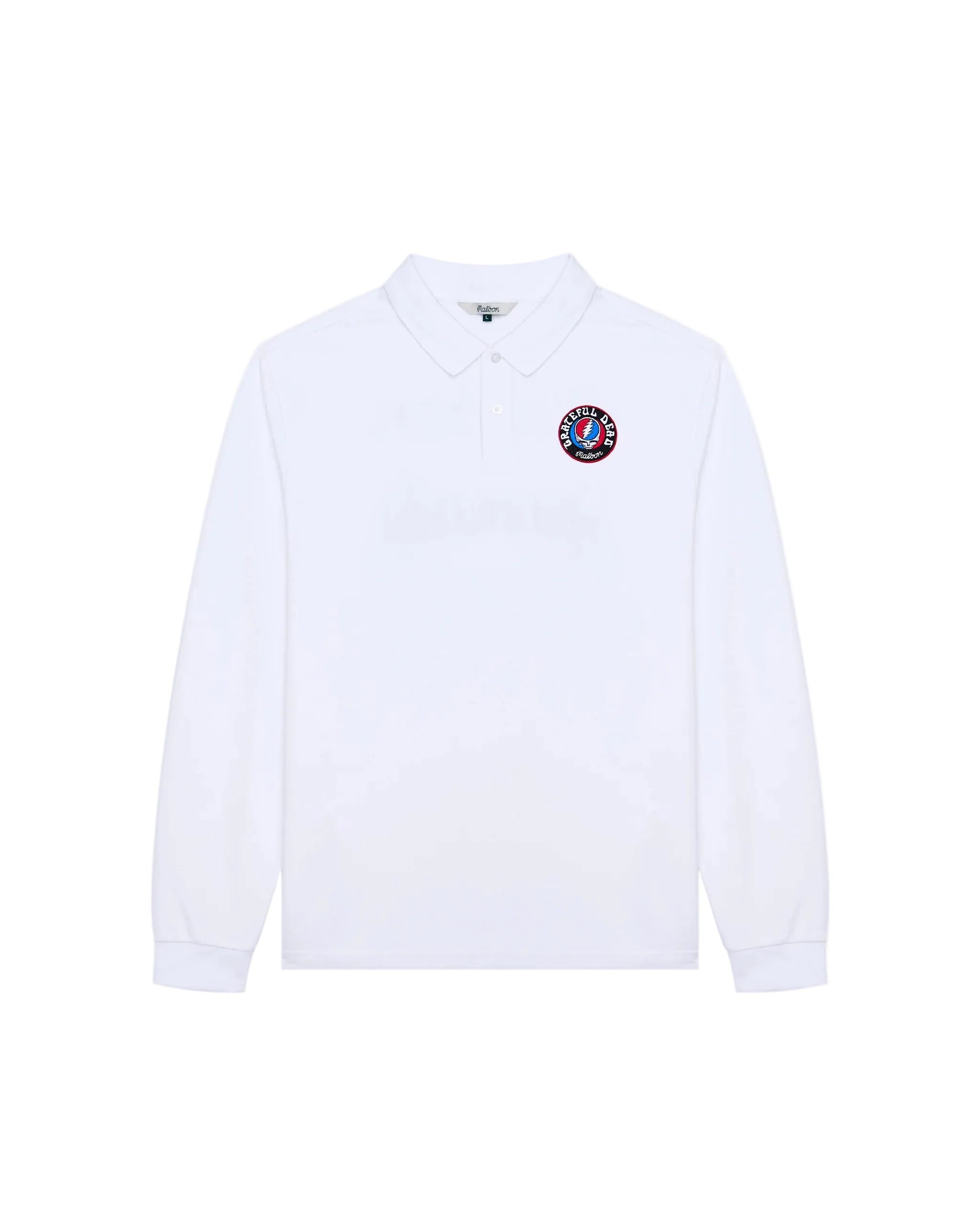 White long-sleeve shirt with a logo on a light gray background