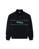 Black sweatshirt with a green and white logo on a white background