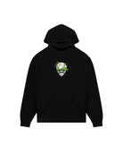 Black hoodie with a green and white graphic on a light gray background