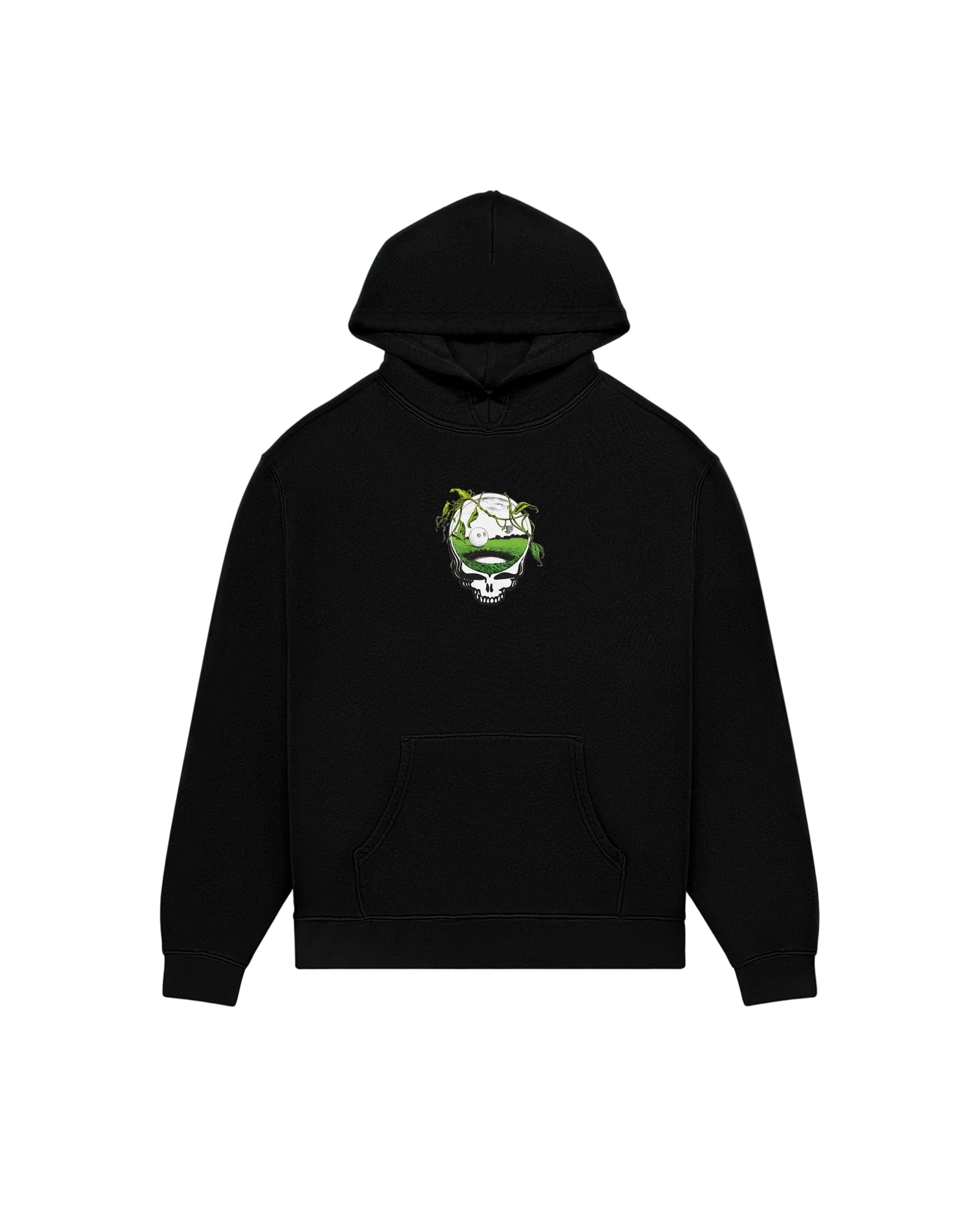 Black hoodie with a green and white graphic on a light gray background