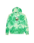 Green tie-dye hoodie with a graphic design on a white background