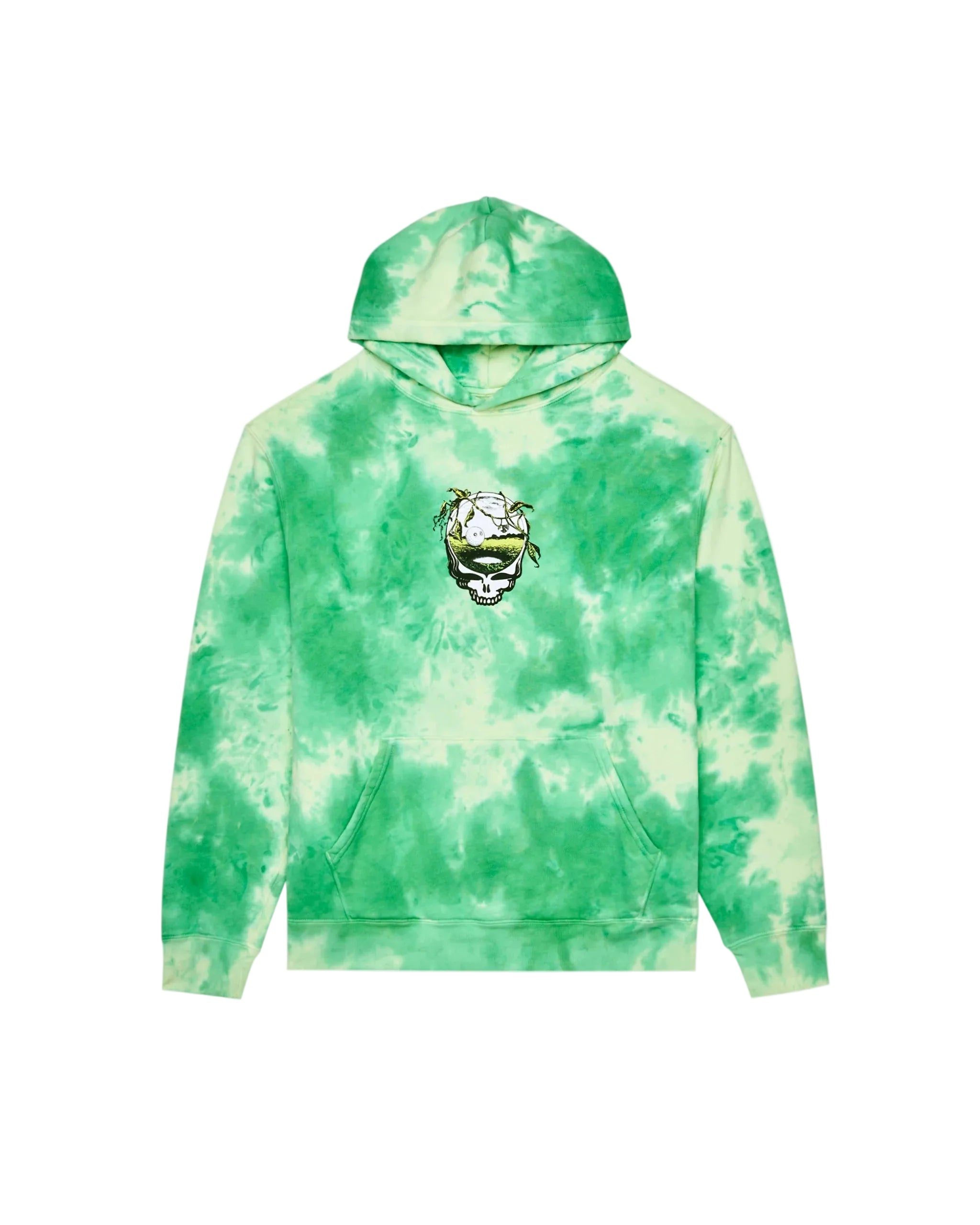 Green tie-dye hoodie with a graphic design on a white background