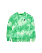 Green tie-dye sweatshirt with a small logo on a white background