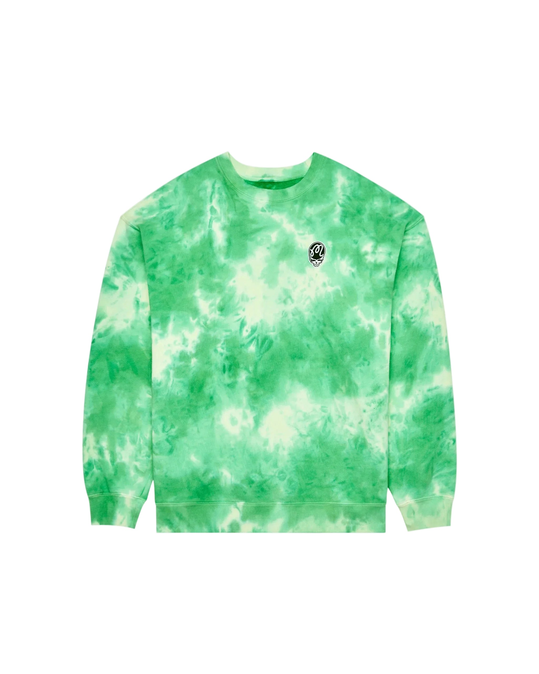 Green tie-dye sweatshirt with a small logo on a white background