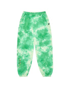 Green and white tie-dye sweatpants on a white background