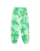 Green and white tie-dye sweatpants with a small logo on a white background