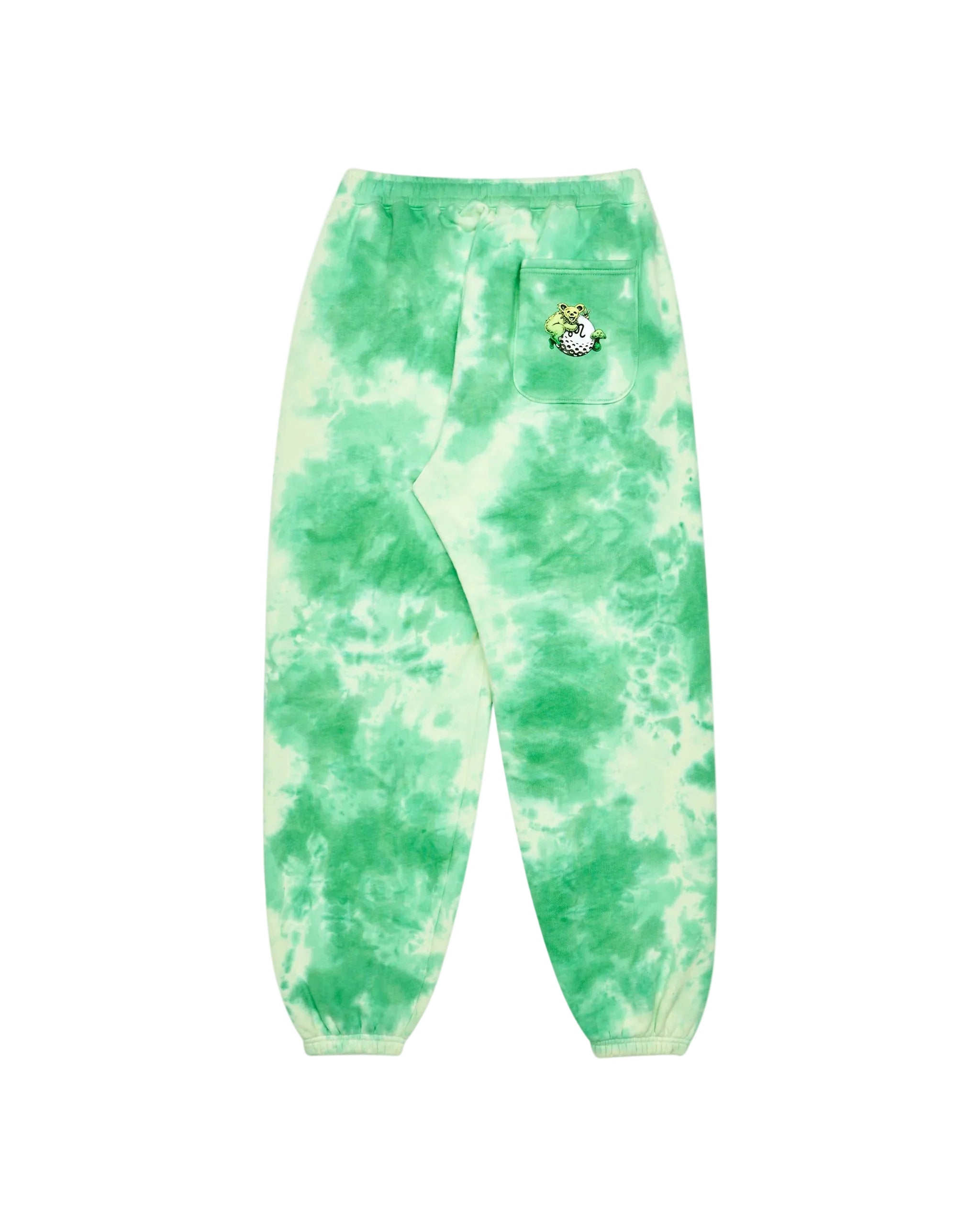 Green and white tie-dye sweatpants with a small logo on a white background