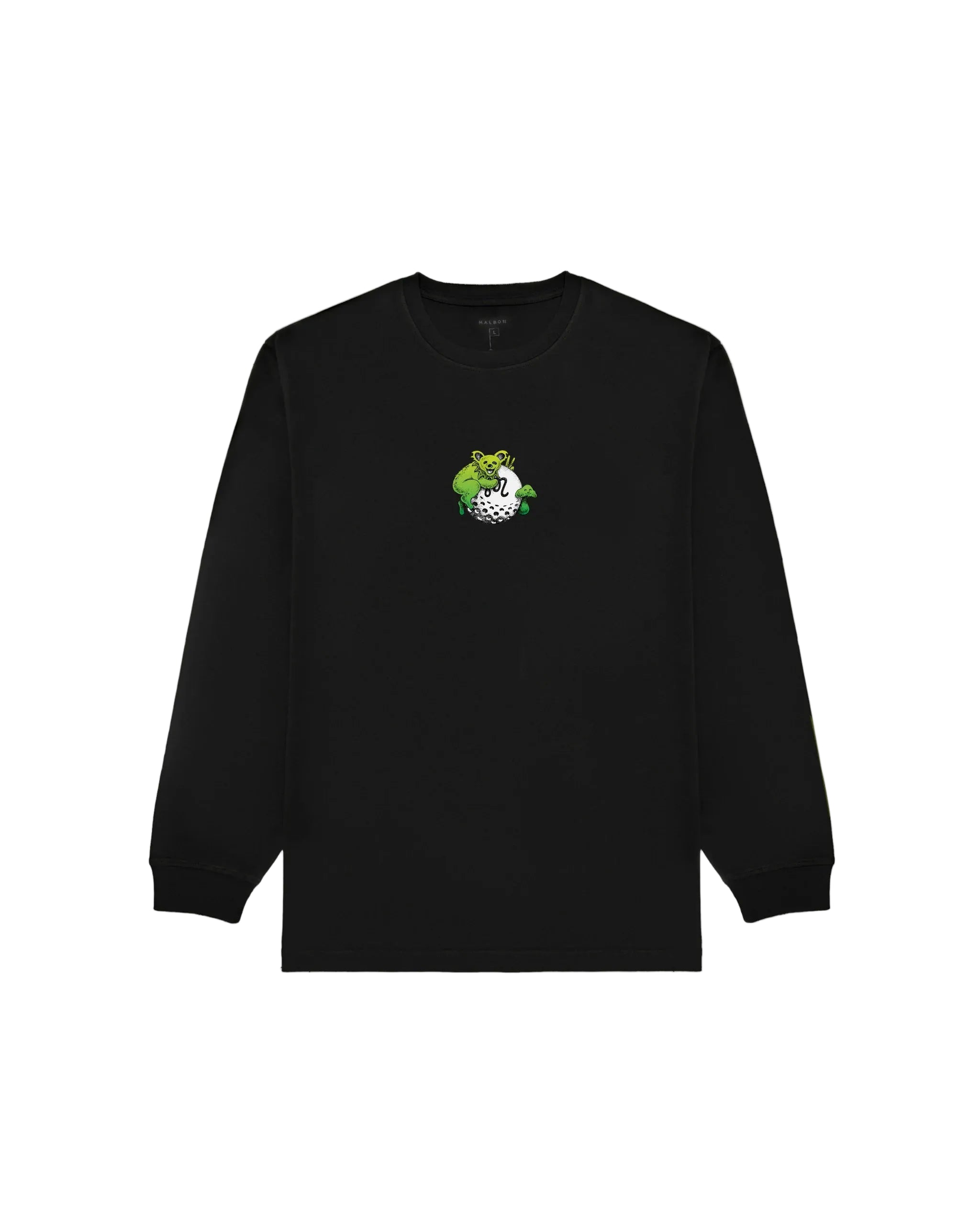 Black long-sleeve shirt with a small graphic on a white background