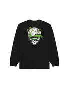Black long-sleeve shirt with a skull and leaves design on the back against a white background