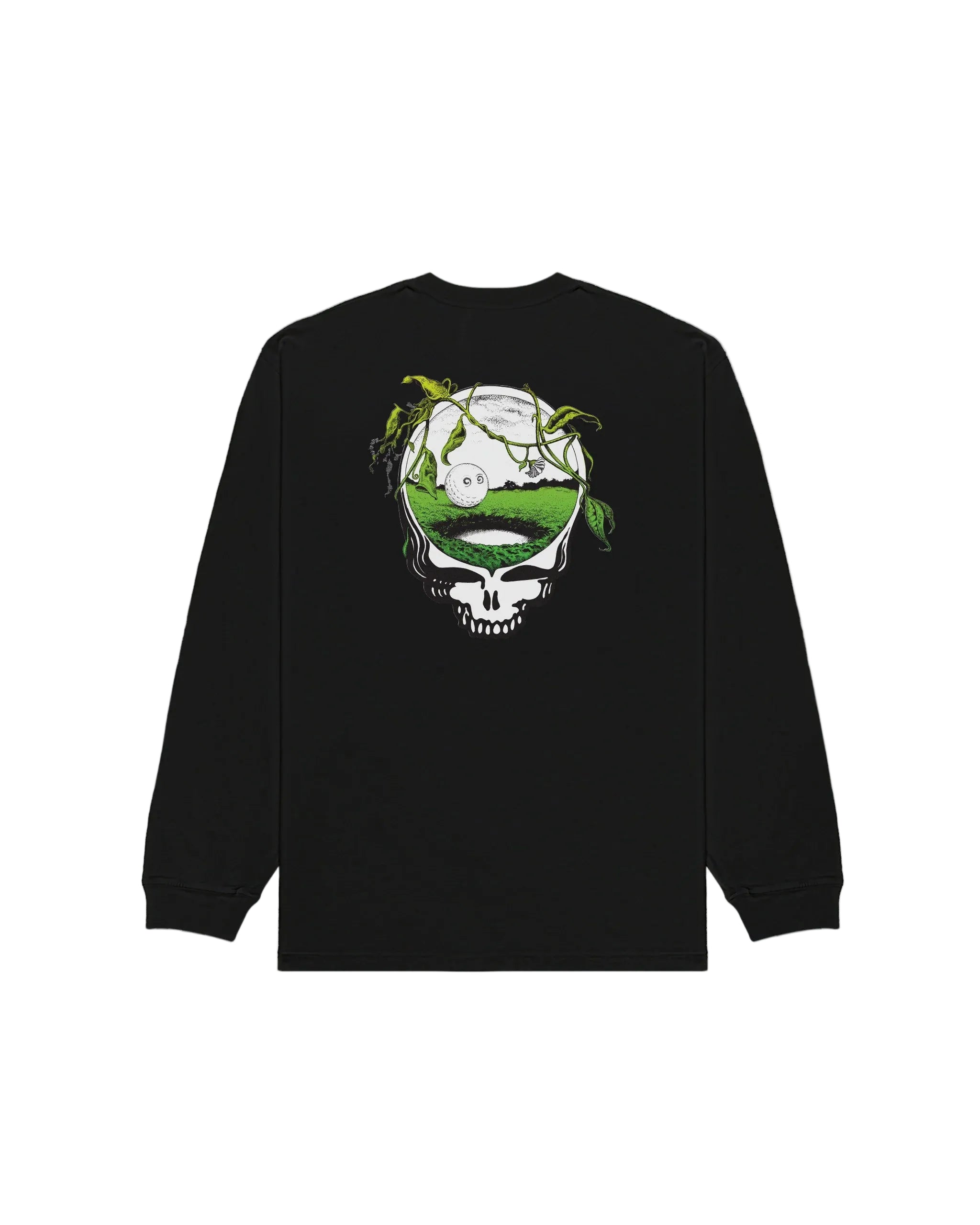 Black long-sleeve shirt with a skull and leaves design on the back against a white background