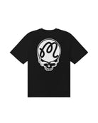 Black t-shirt with a white skull and logo design on a white background