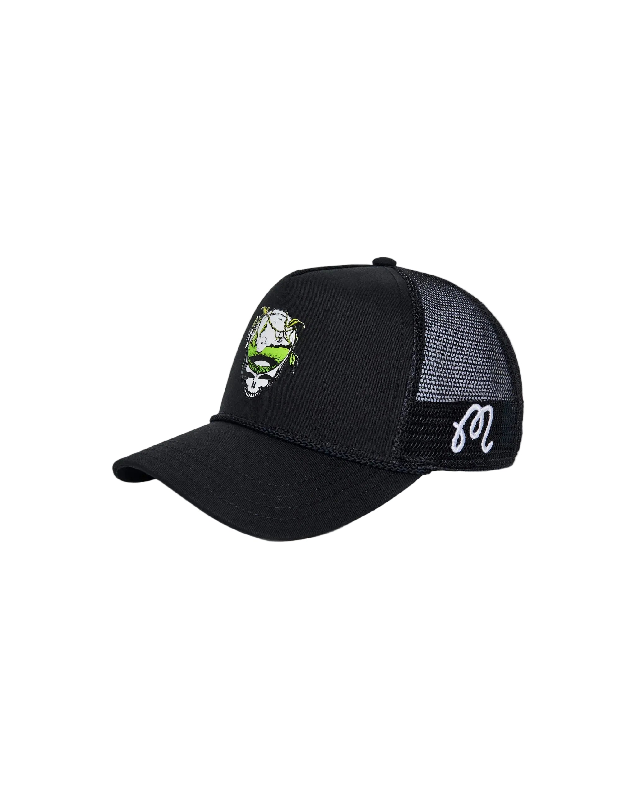 Black mesh cap with a logo on a white background