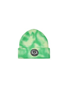 Green and white tie-dye beanie with a logo on a light gray background