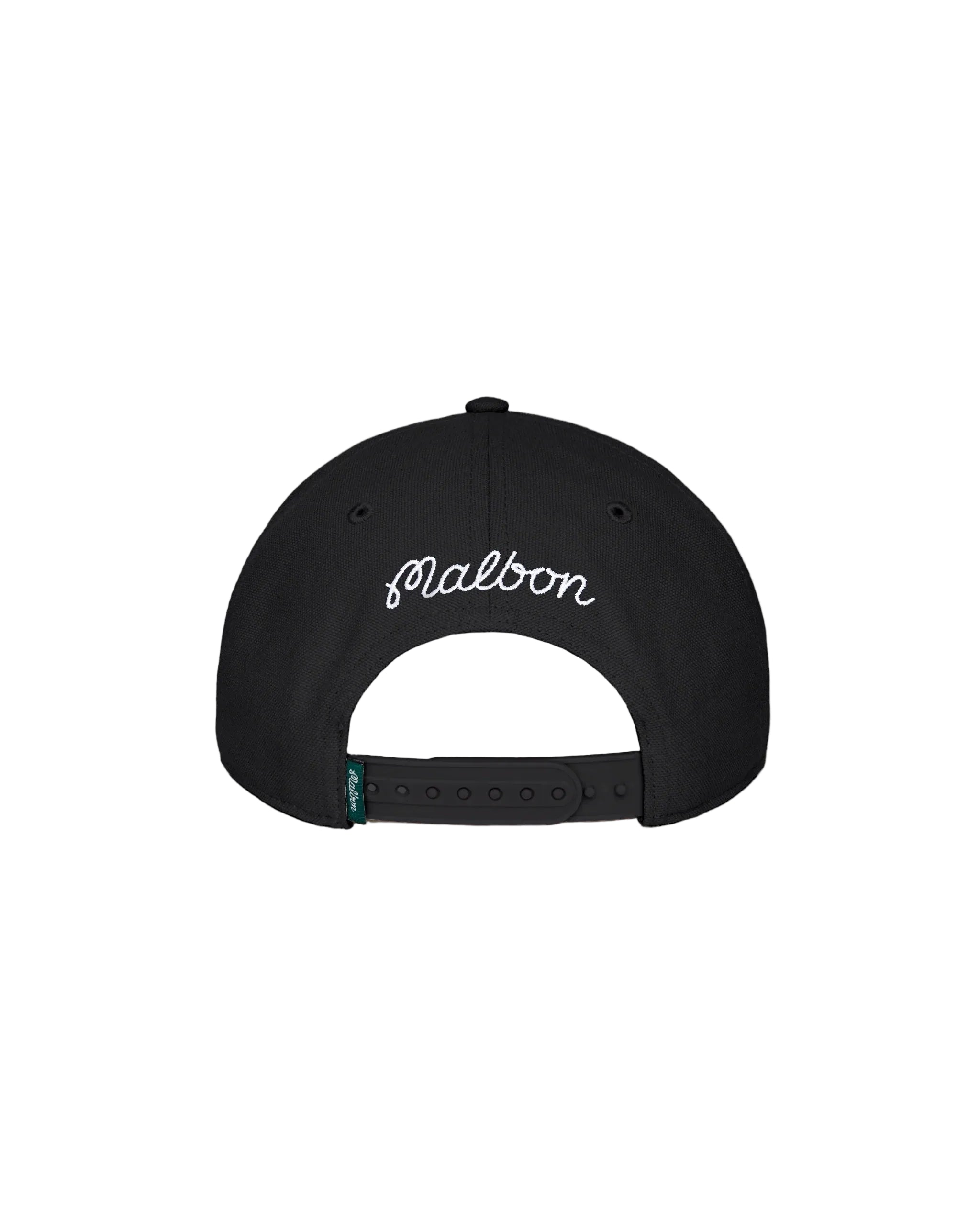 Black cap with 'Malbon' branding on a white background
