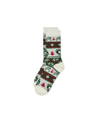 Christmas-themed sock with green and red patterns on a white background