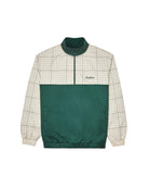 Green and beige checkered jacket with a brand logo on a white background