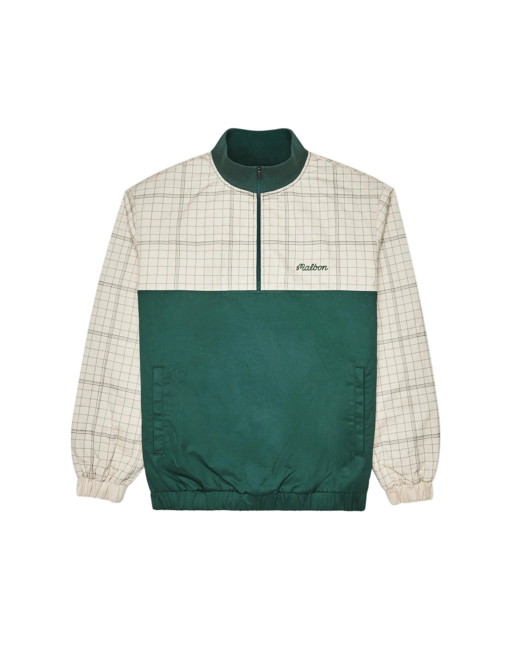 Green and beige checkered jacket with a brand logo on a white background