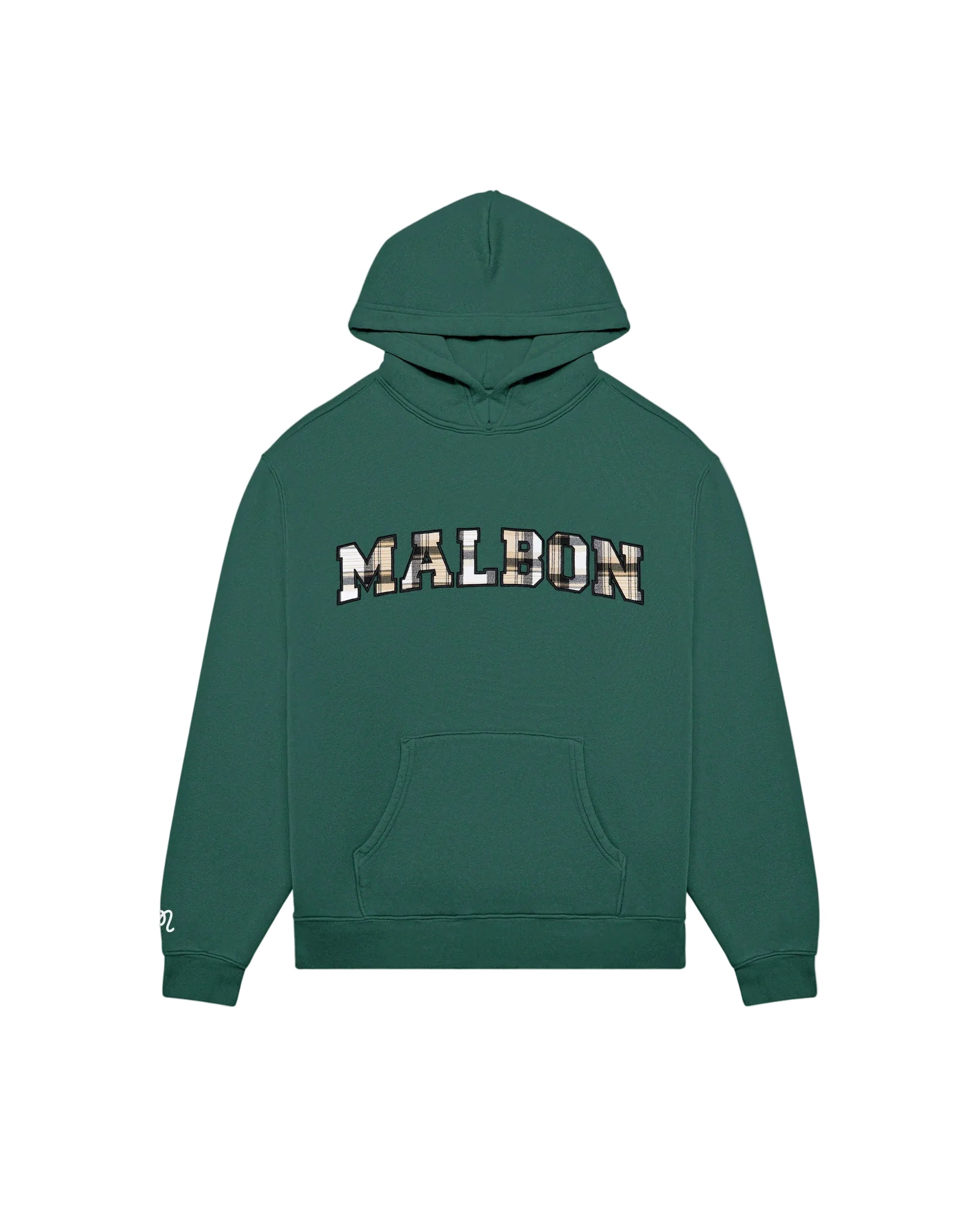 Green hoodie with 'MALBON' text on a white background