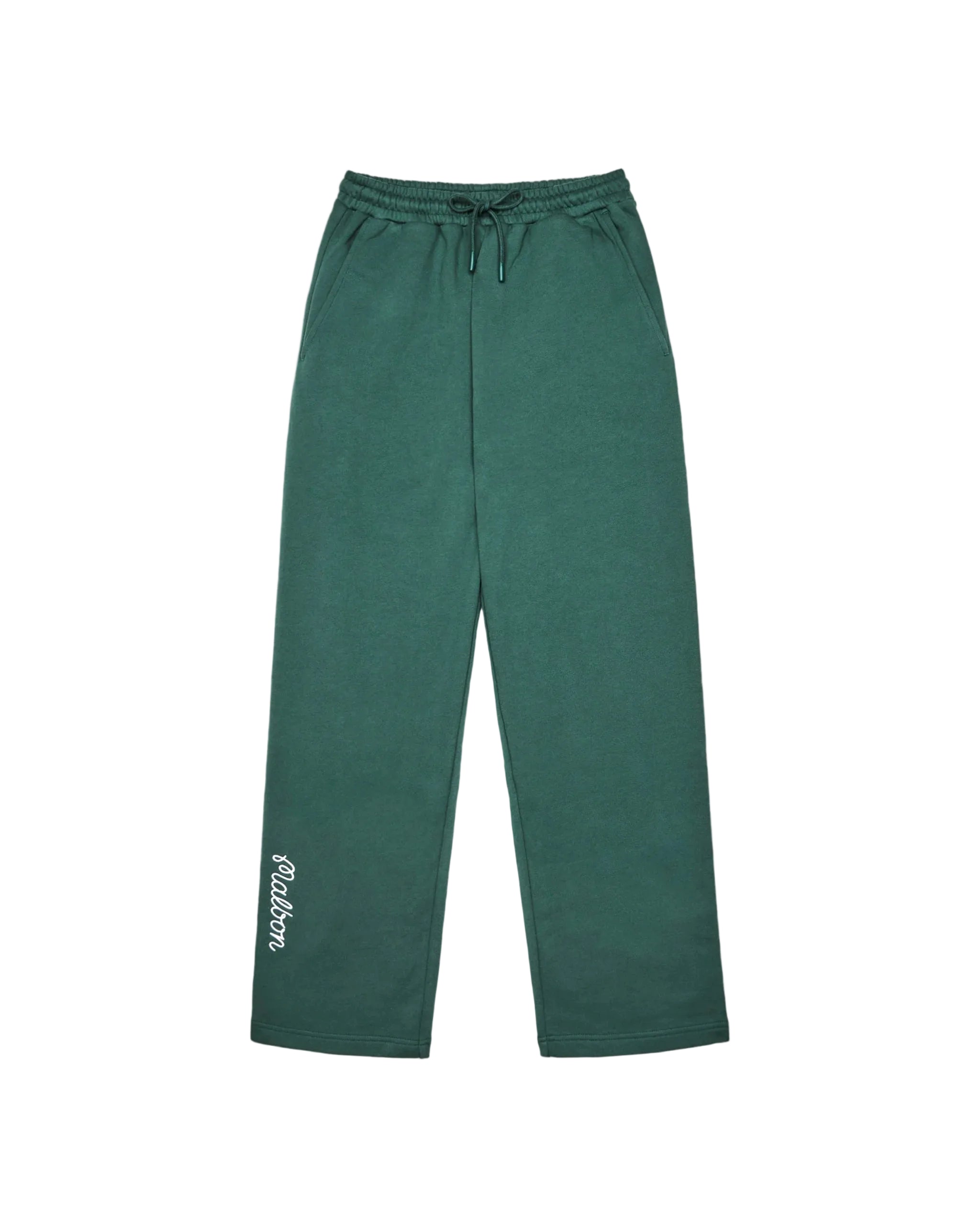 Green sweatpants with a brand logo on a white background
