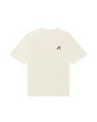 Beige t-shirt with a small black logo on the chest against a white background