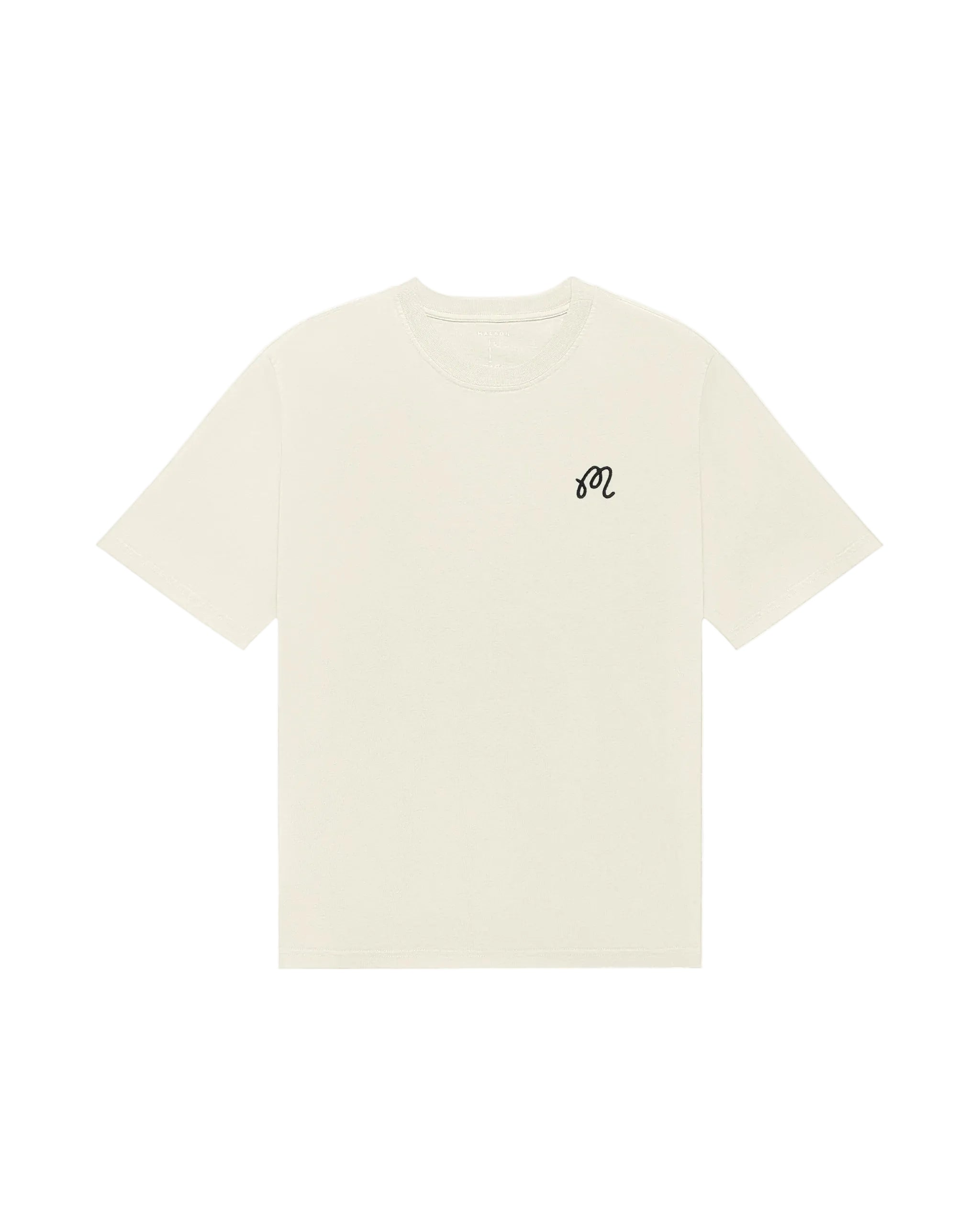 Beige t-shirt with a small black logo on the chest against a white background