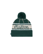 Green knit beanie with pom-pom and 'Malbon' branding on a white background
