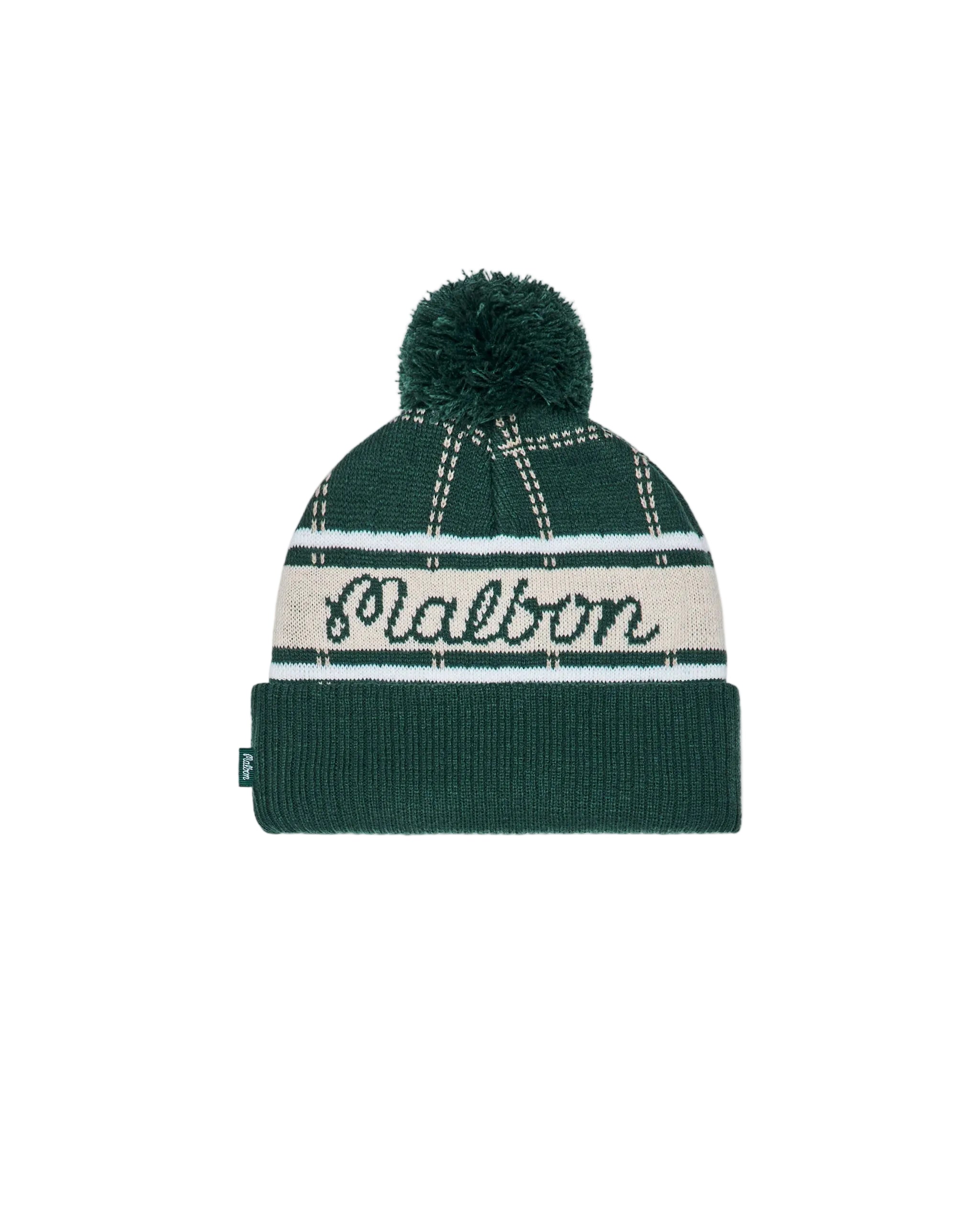 Green knit beanie with pom-pom and 'Malbon' branding on a white background