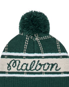 Green knit beanie with plaid pattern and 'Malton' text on a white background