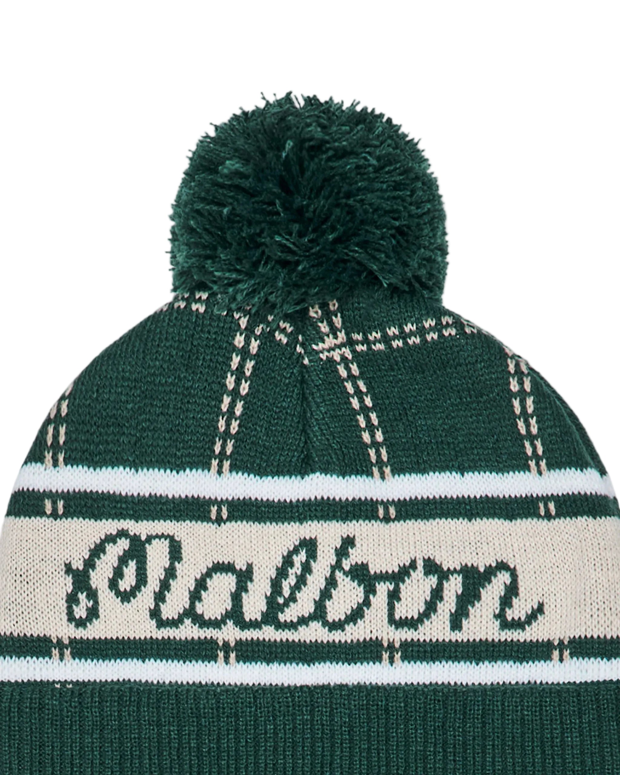 Green knit beanie with plaid pattern and 'Malton' text on a white background