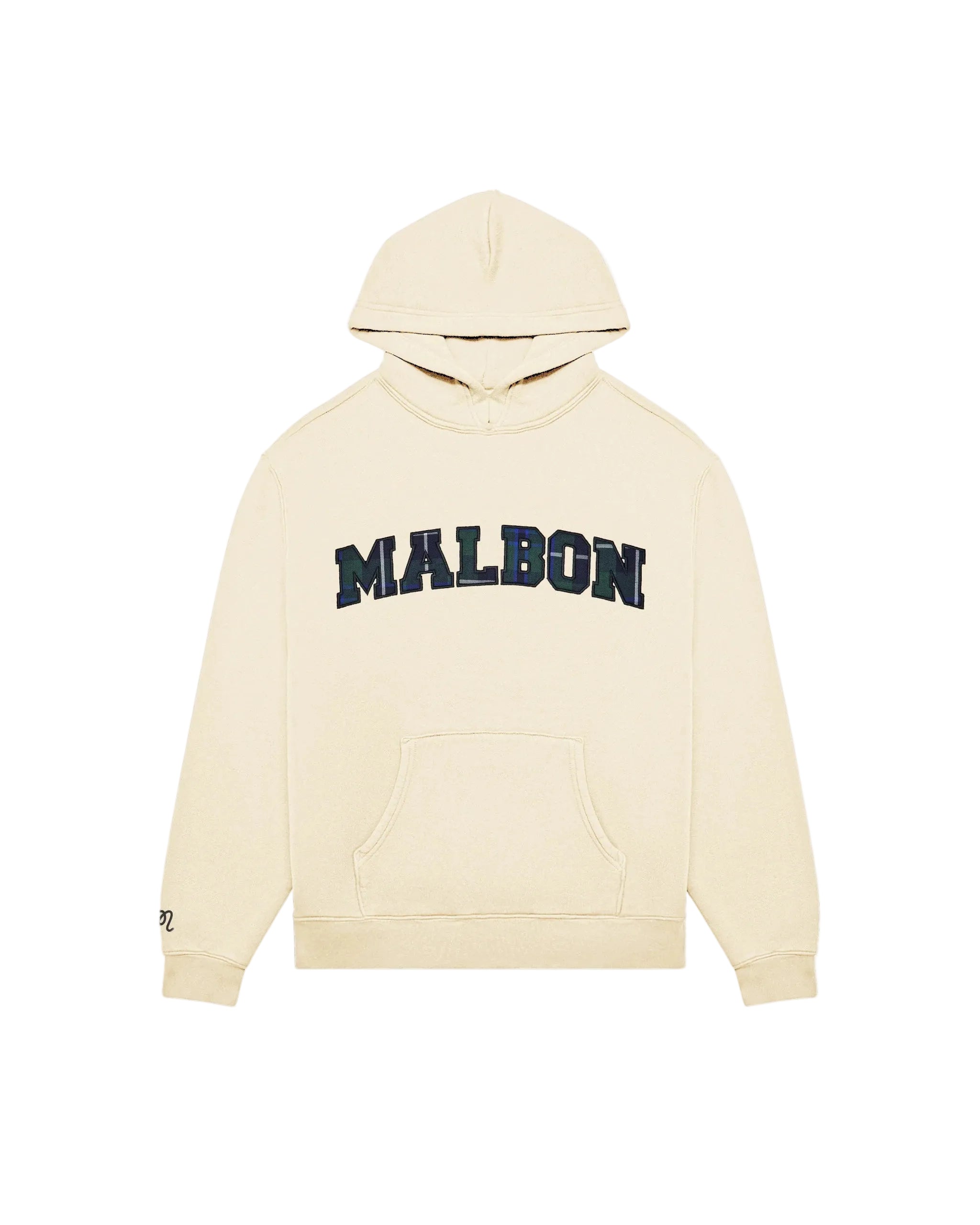 Beige hoodie with 'MALBON' text on a white background