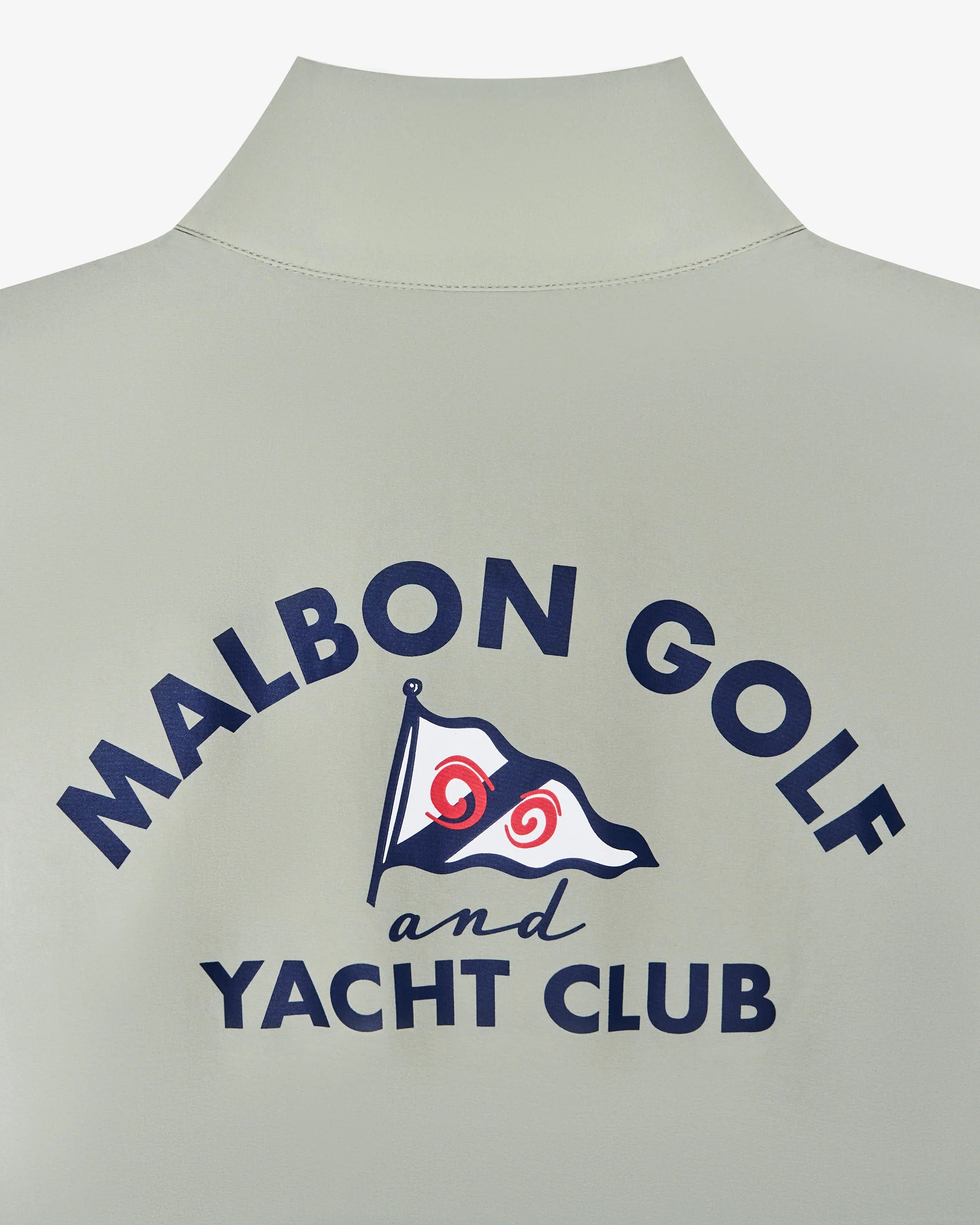 Light gray polo shirt with 'Malbon Golf and Yacht Club' text and logo on a white background