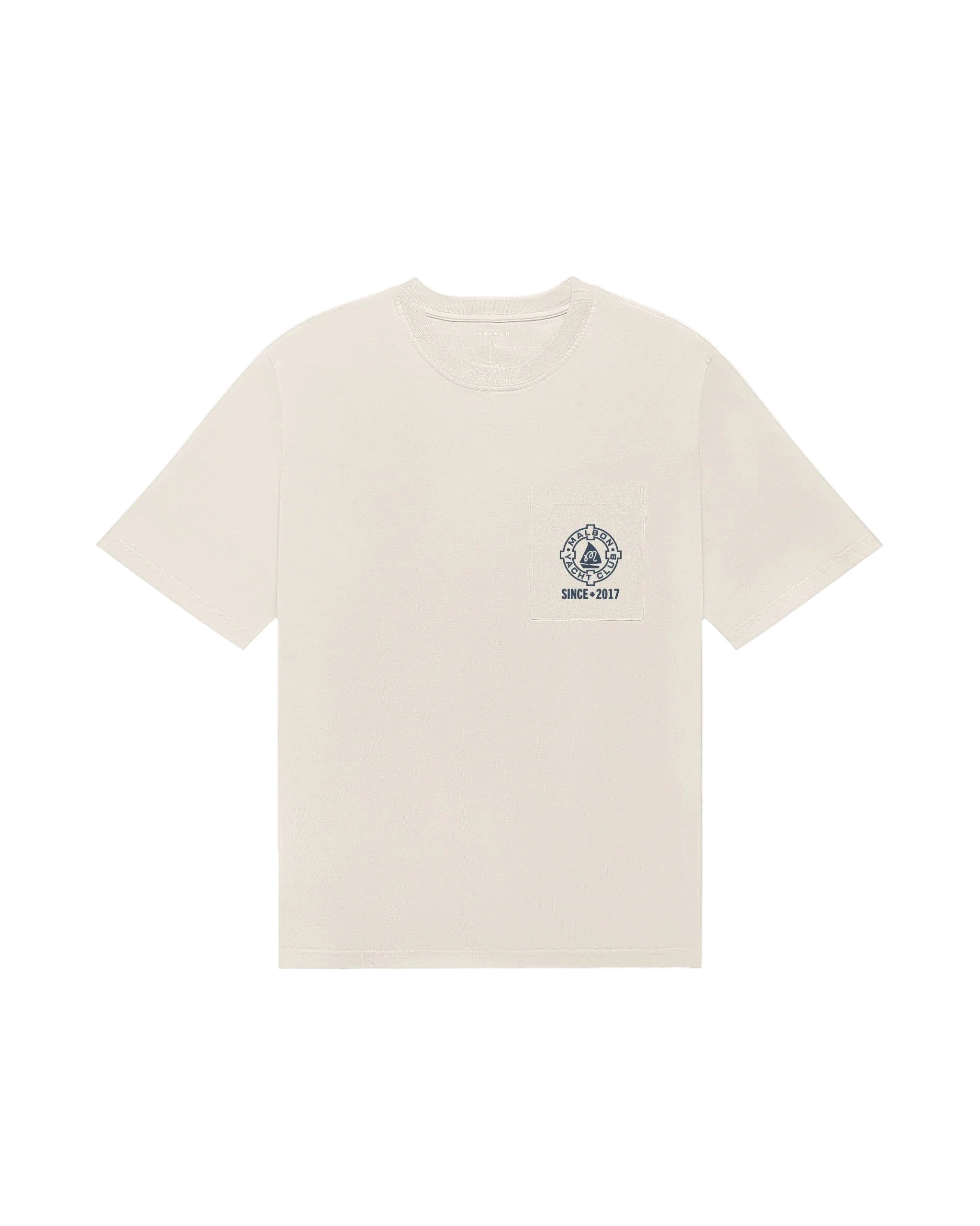 Beige t-shirt with a small logo on the chest against a white background