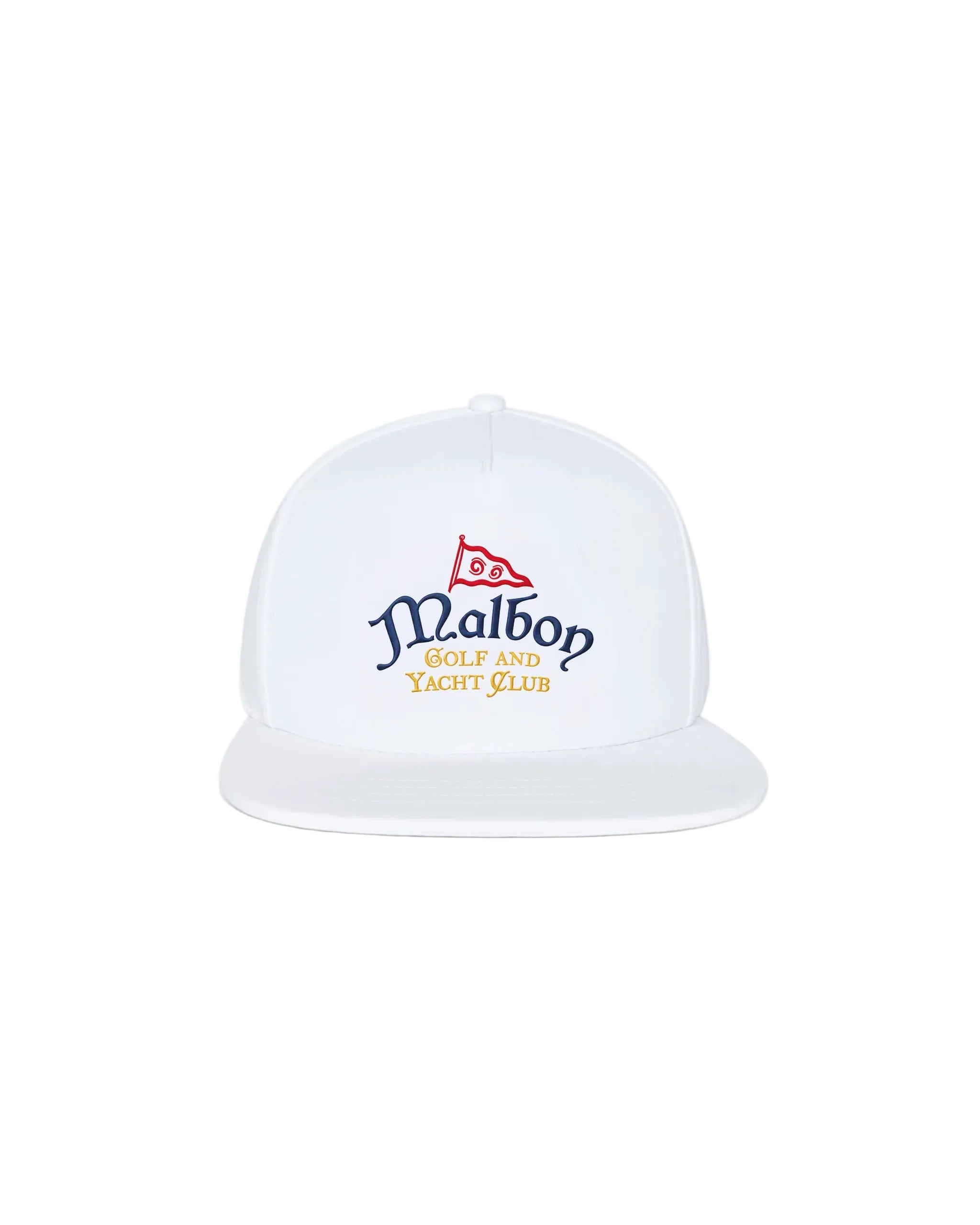 White cap with Malbon Golf and Yacht Club logo on a white background