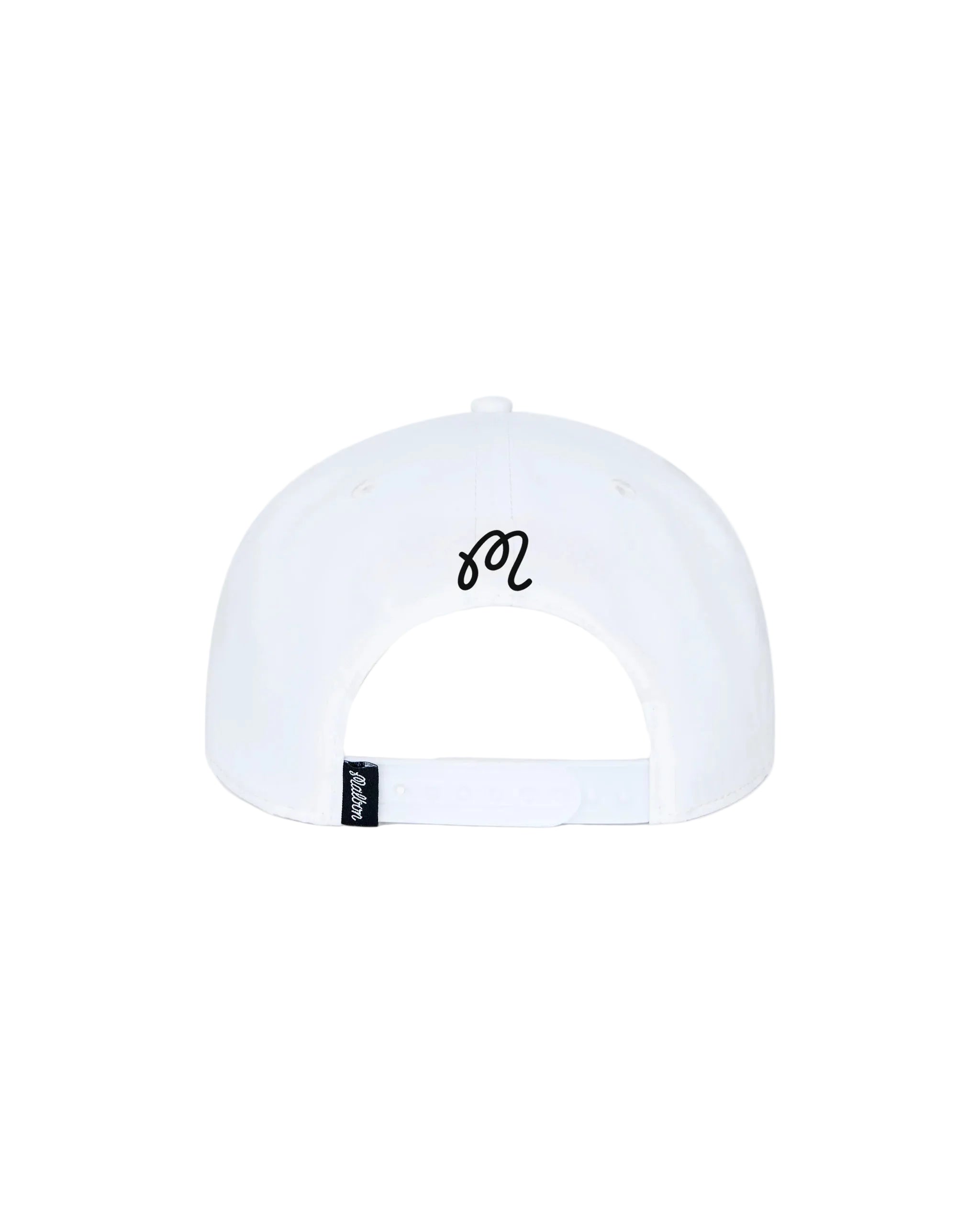 White cap with black logo on a white background
