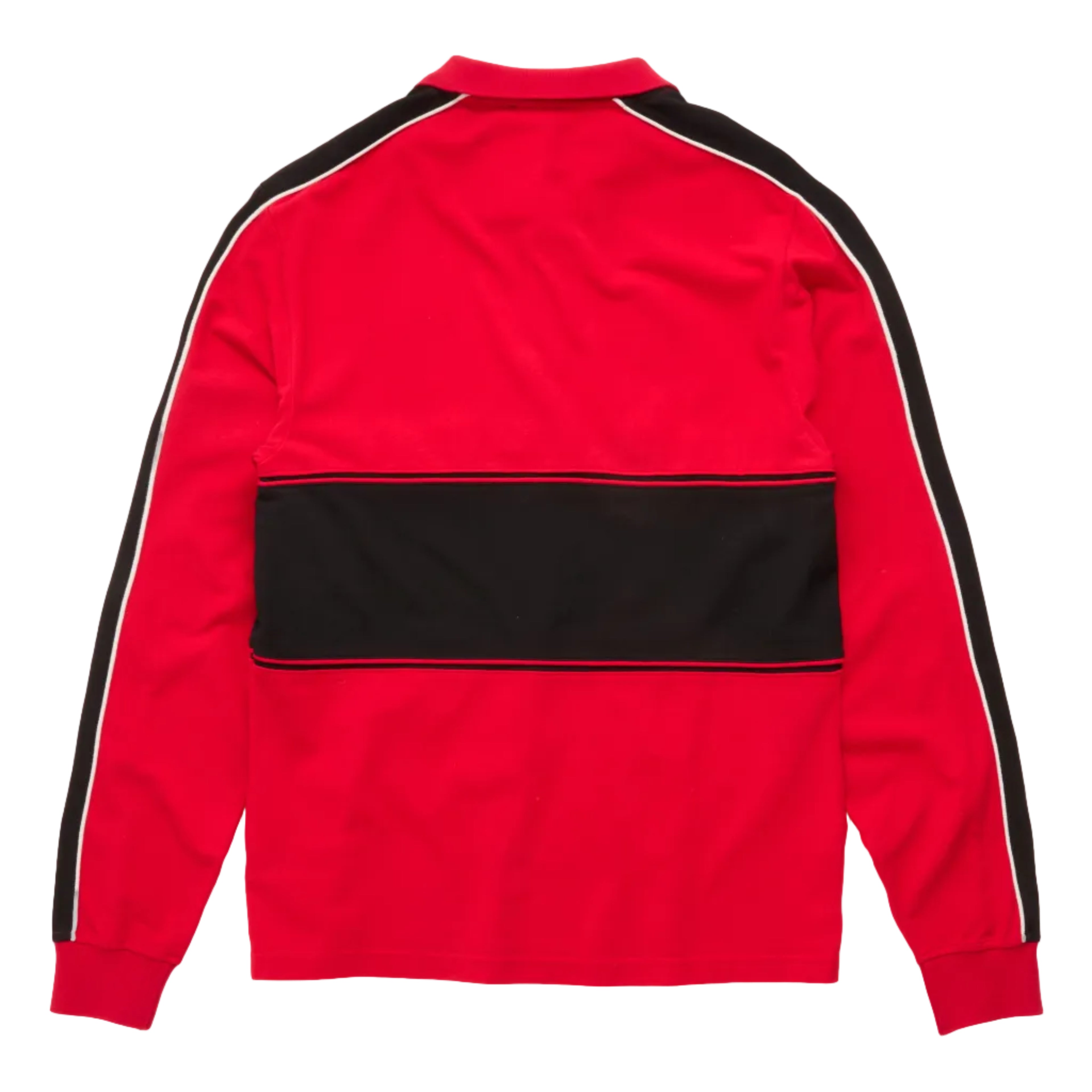 A red long-sleeve polo shown from the back, featuring a wide black horizontal stripe down the middle and black shoulder panels with thin white piping.