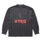 A dark gray long-sleeve soccer jersey with vertical stripes, featuring a large gray number 5 on the chest, a small crest, and 'XTEQ' printed in coral red with cursive below it, laid flat against a white background.