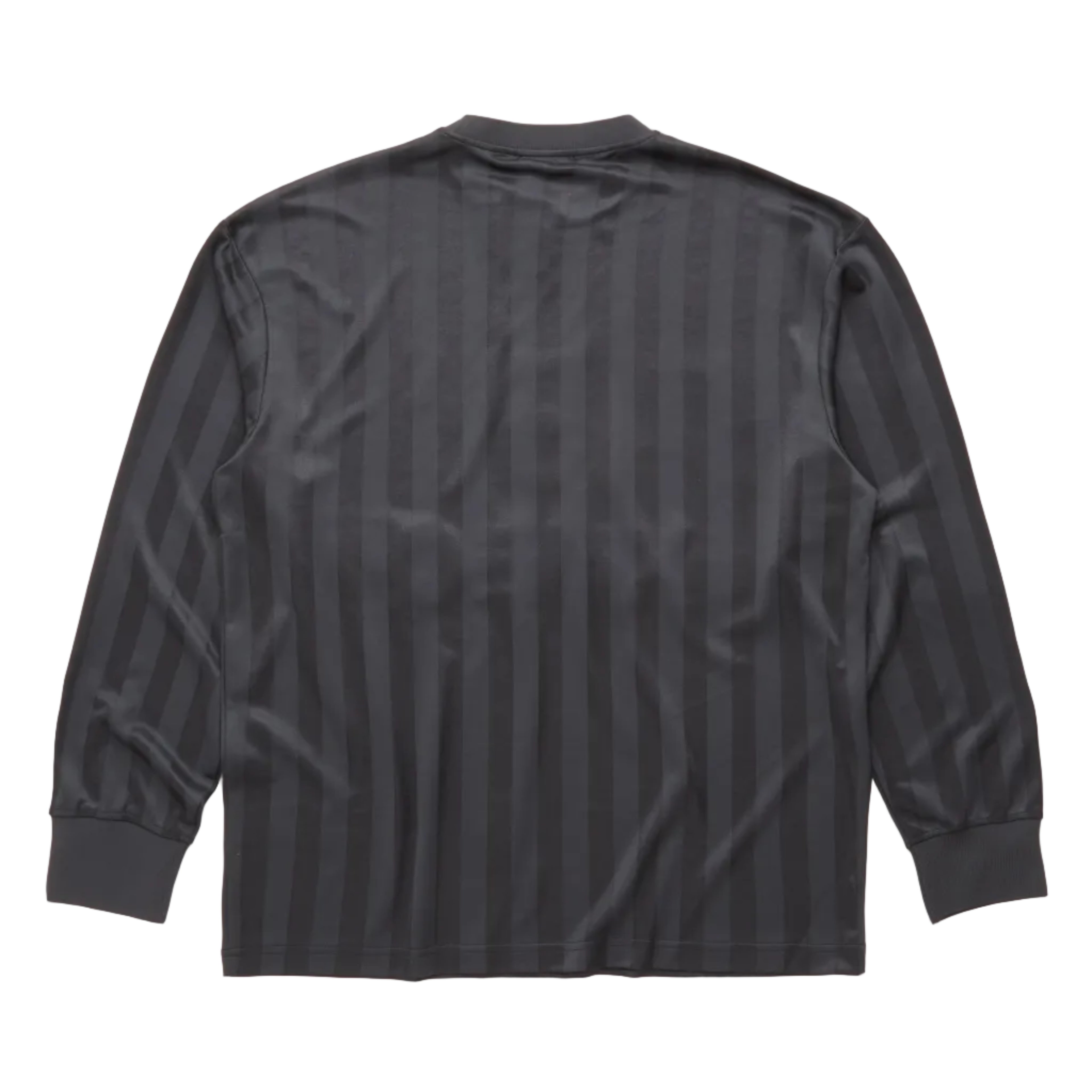 A dark gray long-sleeve shirt with vertical stripes, shown from the back against a plain white background.