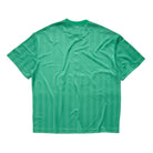 A green short-sleeve t-shirt shown from the back, featuring a subtle vertical stripe pattern, laid flat against a white background.
