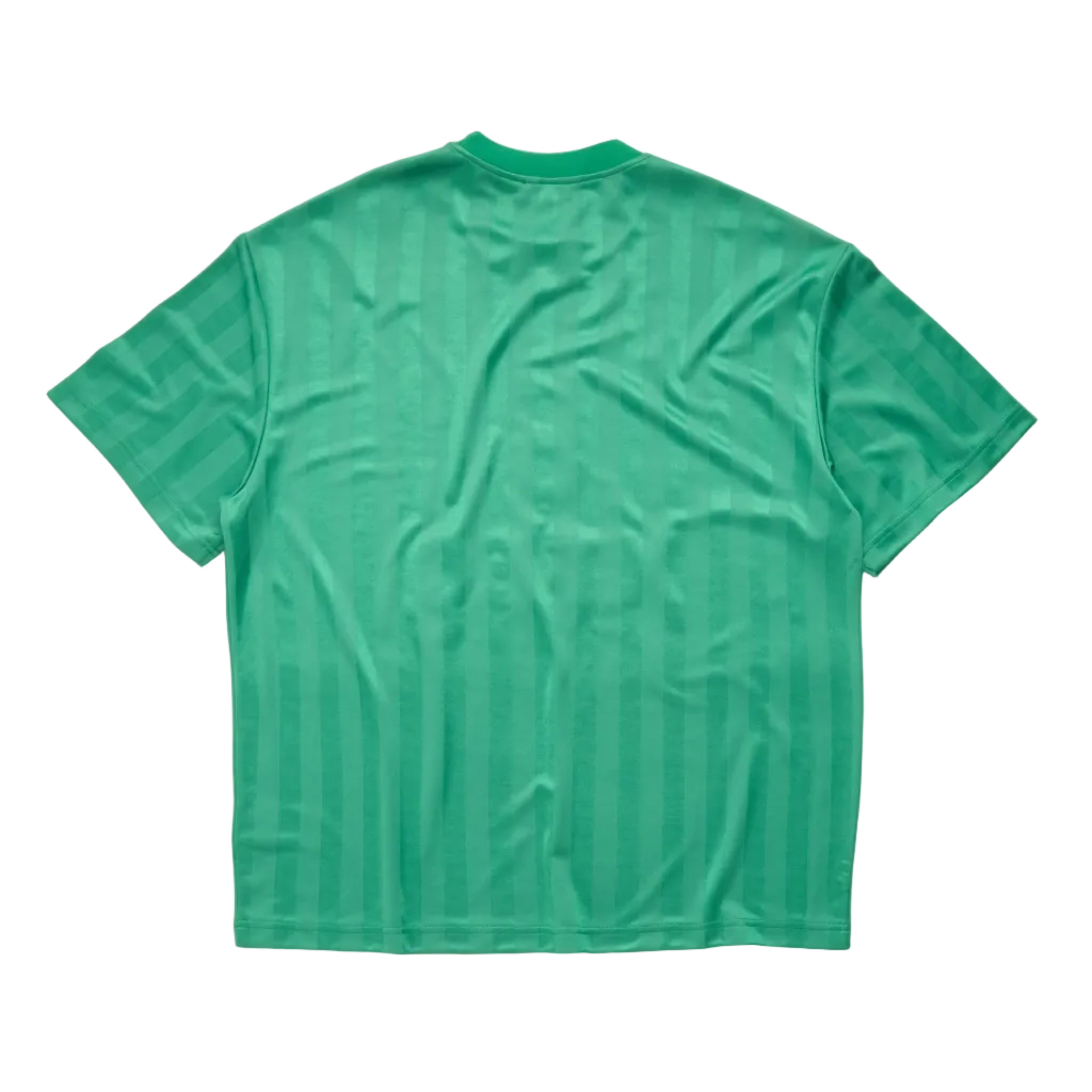 A green short-sleeve t-shirt shown from the back, featuring a subtle vertical stripe pattern, laid flat against a white background.