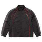 A black zip-up athletic jacket with dark gray sleeves and red piping details, shown flat against a white background.