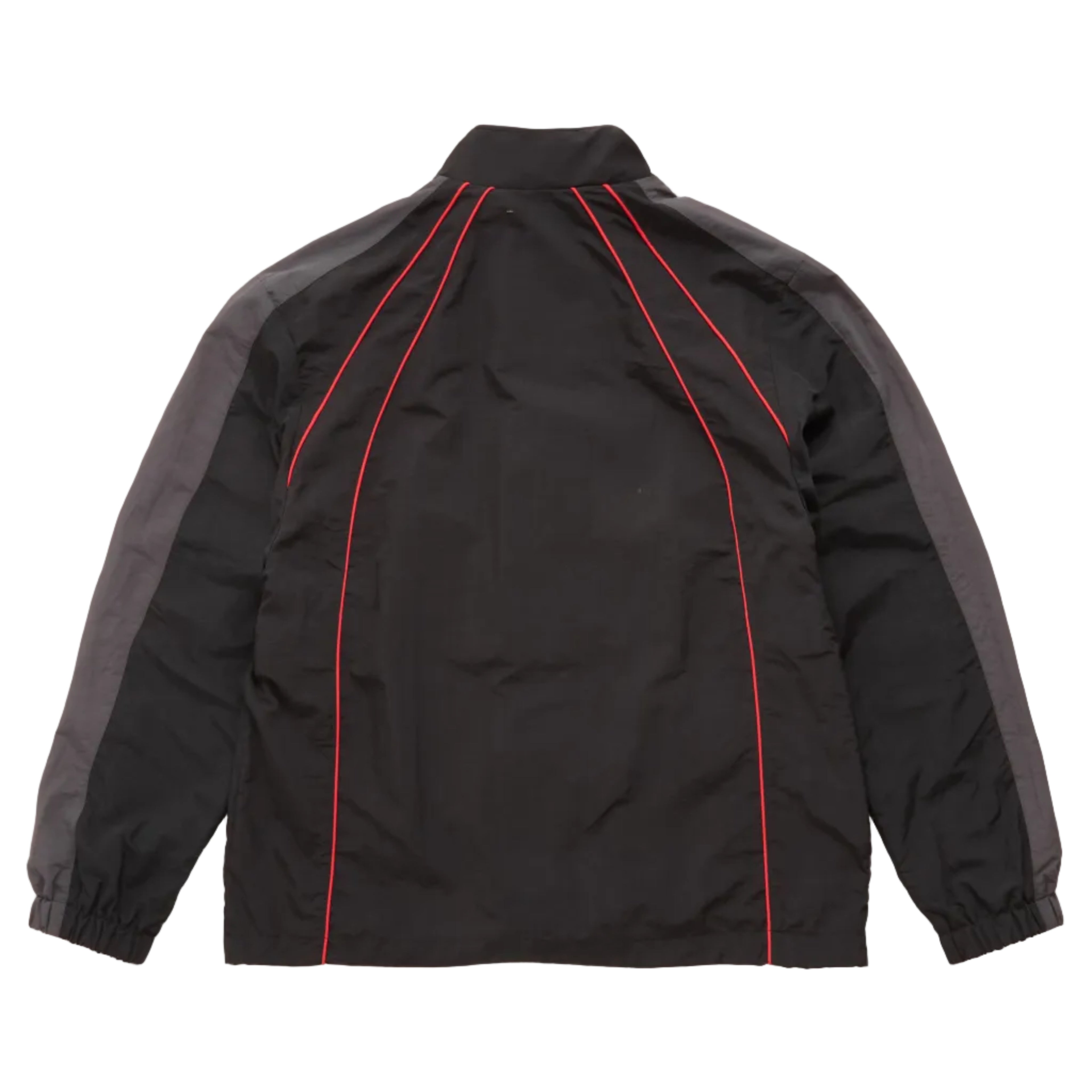 Black and gray athletic windbreaker jacket shown from the back, featuring red piping details along the seams, set against a plain white background.
