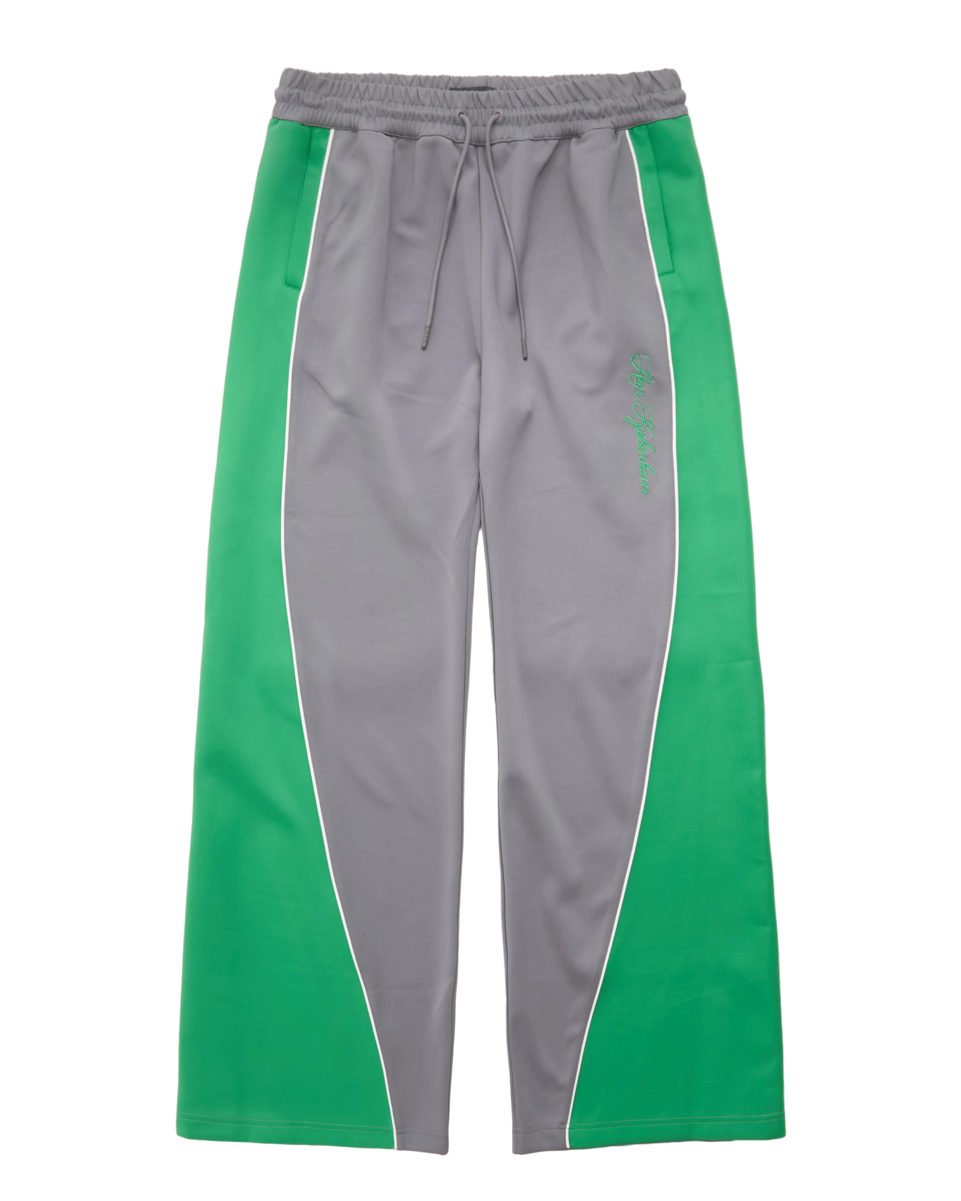 Gray athletic pants with bright green side panels and white piping, featuring a gray drawstring waistband and a small green script logo on the upper right thigh.