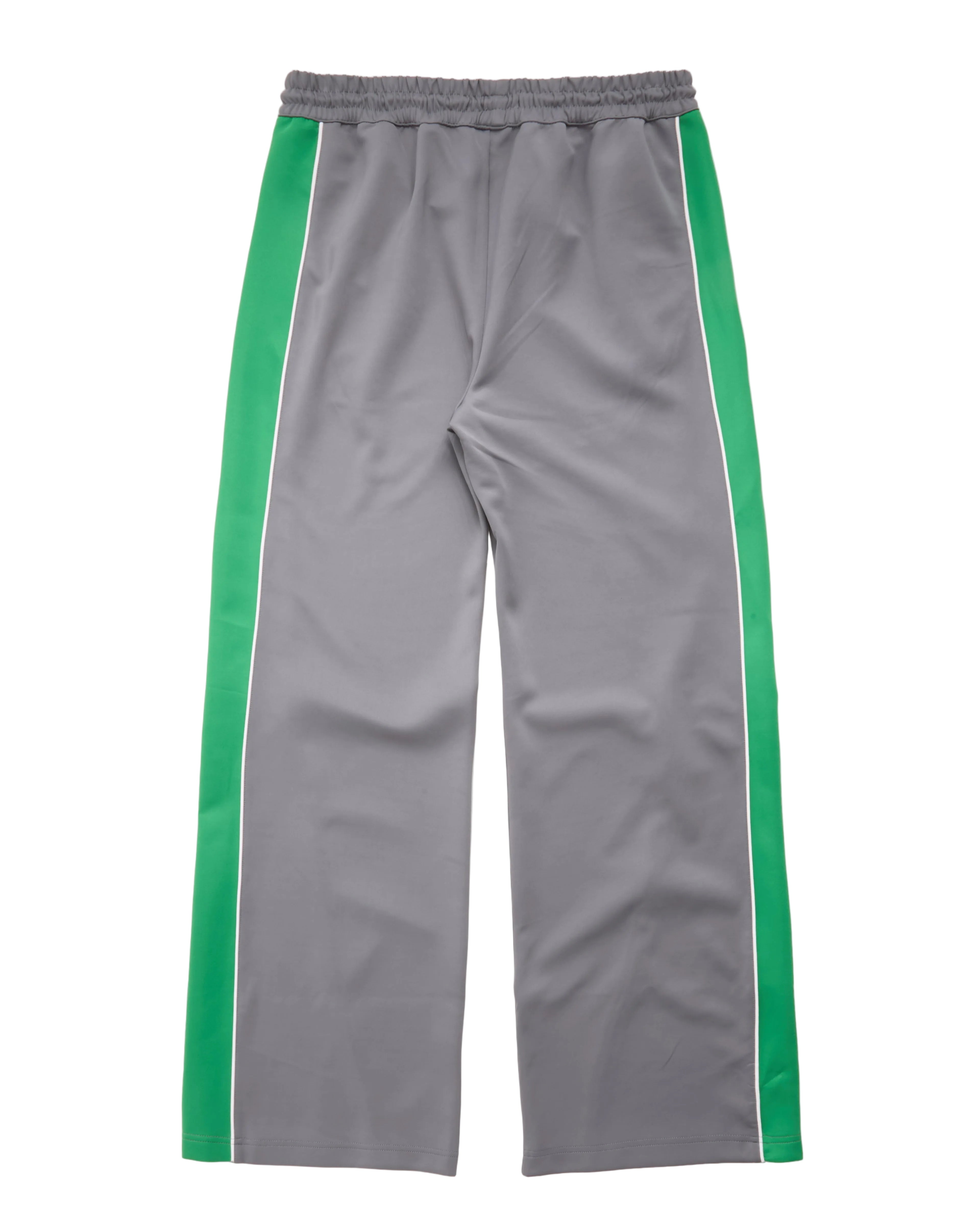 Gray athletic track pants with green side stripes and a thin white piping accent, shown flat against a white background.
