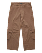 A pair of brown cargo pants with side flap pockets, laid flat against a white background.