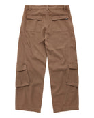 A pair of brown cargo pants shown from the back, featuring two large back flap pockets and side cargo pockets on the legs, laid flat against a white background.